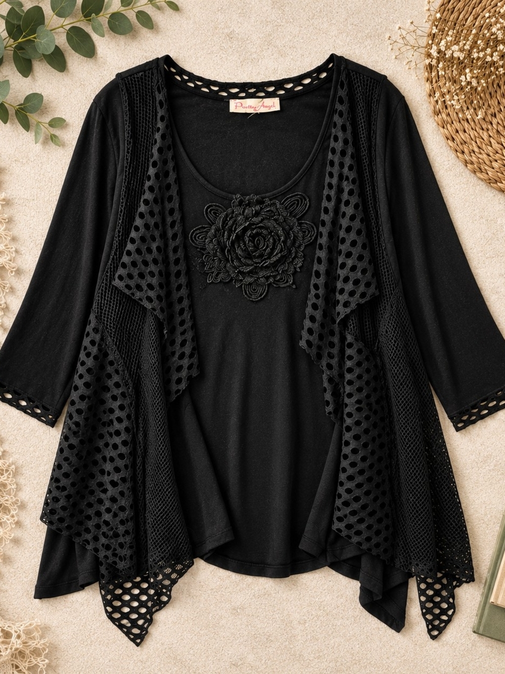 Pretty Angel Black Lagenlook Silk Blend Appliqué Tunic Cardigan XL Ptp24"